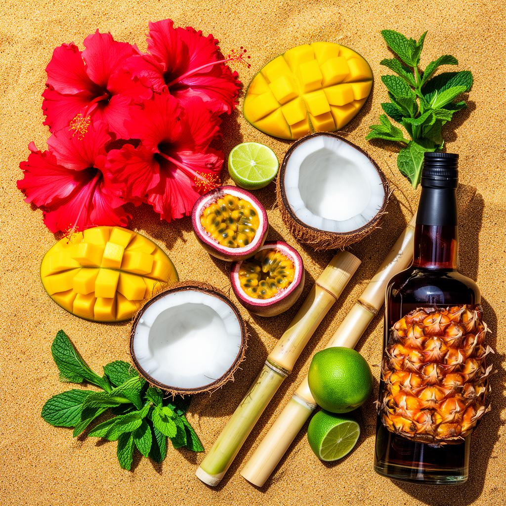 Frische karibische Zutaten: Hibiskus, Mango, Kokosnuss, Limetten, Zuckerrohr und Ron